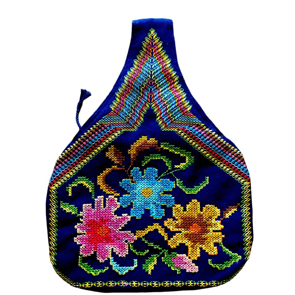 Vintage 1970s Navy Blue Fabric Floral Cross-Stitch wrist clutch Handbag
